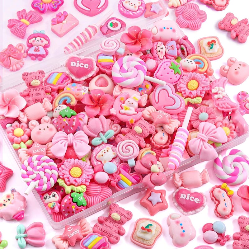 Glitzest 100PCS TINKRSTUFF Rose Pink Slime Charms Cute Flatback Resin Charms for Slime, Random Kawaii Decoden Charm for Embellishments Phone Junk Case Charms Bulk, Hairpins Scrapbooking Crafting & DIY Decor - Image 1